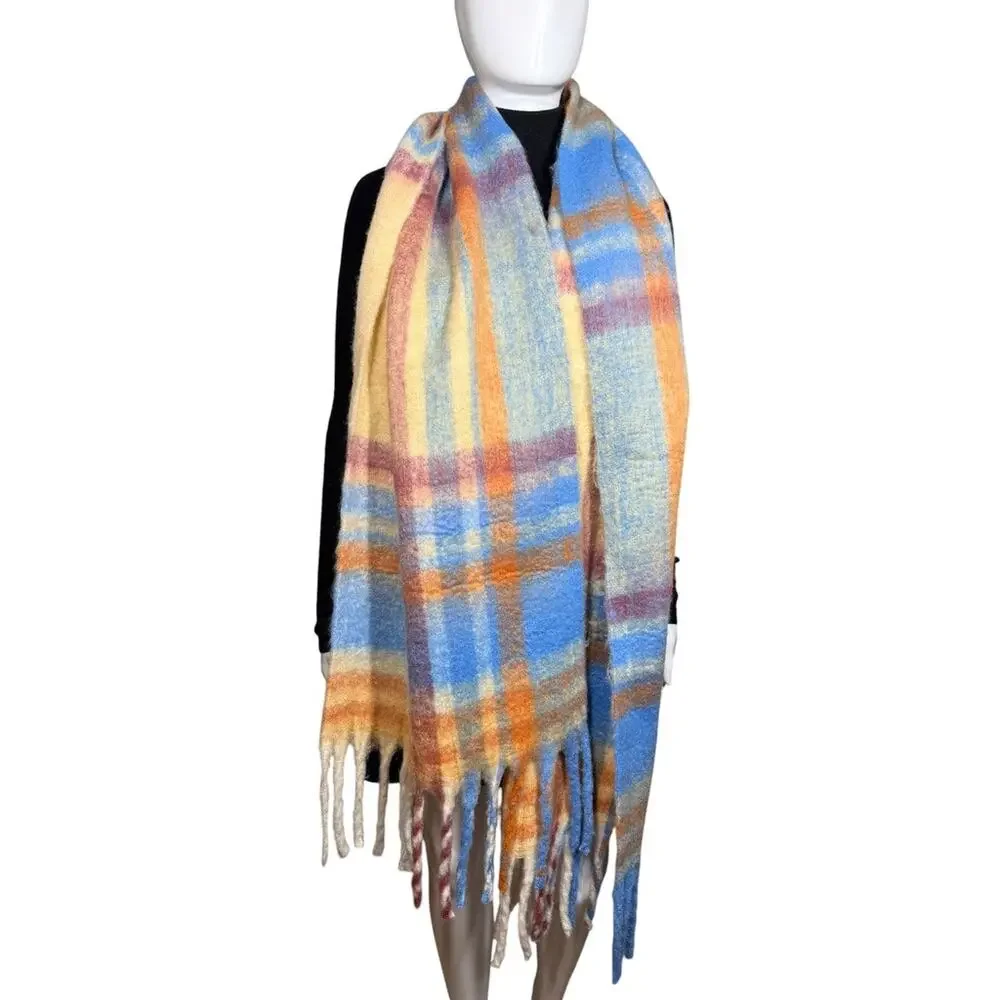 Urban Outfitters Cozy Oversized Multicolor Blue Orange Plaid Woven Fringe Scarf